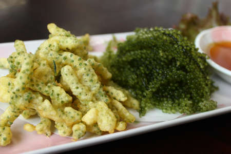 Fried Caulerpa lentillifera seaweed is a species of bryopsidale green algaeの写真素材