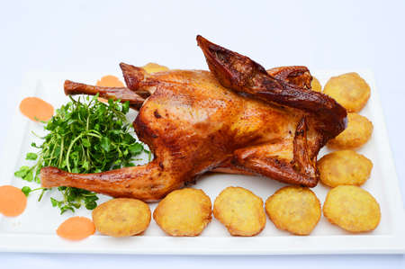 Grilled whole chicken with dumplings and vegetables on white platterの写真素材
