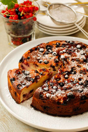 Ricotta cheese cake with berries on white dish