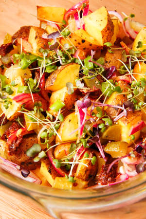 Special salad with potatoes, onion and young cabbage sproutsの写真素材