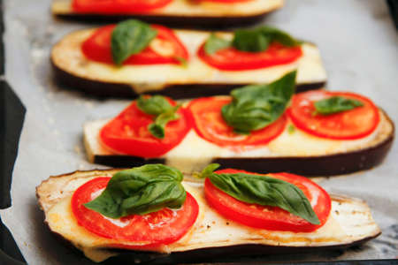 Grilled food and additives with tomatoes basil and eggplantの写真素材