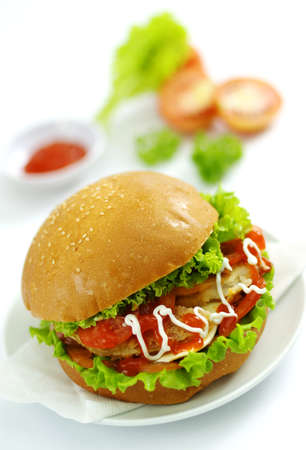 Pork hamburger with lettuce and tomatoes on white dishの写真素材