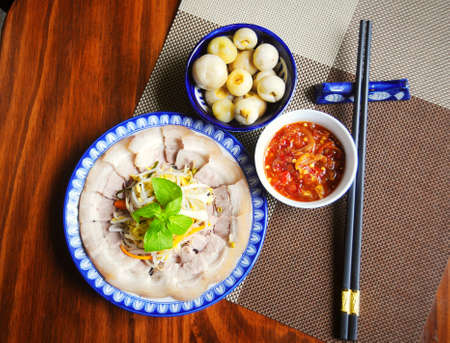 Boiled pork with sour shrimp sauce and eggplantの写真素材