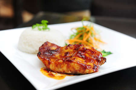 Grilled sturgeon fish fillet with rice and saladの写真素材