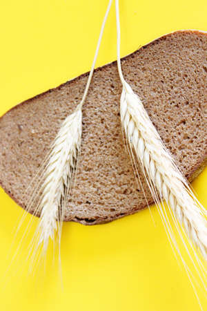 A piece of black bread and a ear of rye placed on an bile backgroundの写真素材