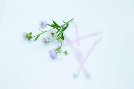 Cotton sticks and flowers are located on a white backgroundの写真素材
