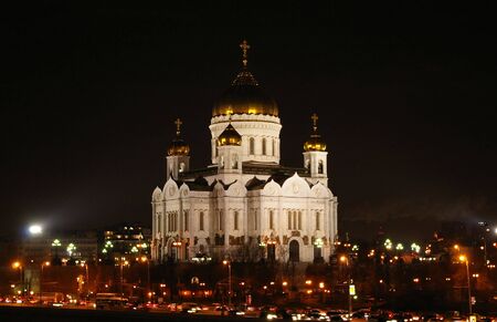 Night view on Christ the Savior Cathedral Moscow Russiaの写真素材