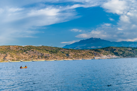 View on Crimean coast from the Black Sea, Crimea, Ukraineの写真素材