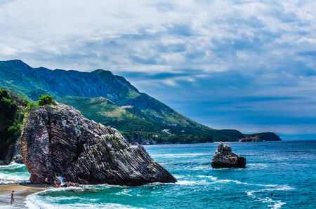 Landscape view on sea, mountain and cloudy sky in Montenegroのeditorial素材
