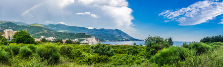 Panorama landscape view on sky, mountain and sea in Montenegroの写真素材