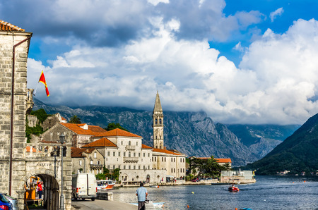 View on sea bay and Perast, Montenegroのeditorial素材