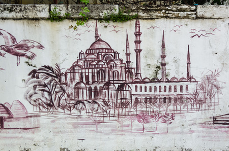 Graffiti with turkish symbols and landmarks on a wall in Istanbul, Turkeyのeditorial素材