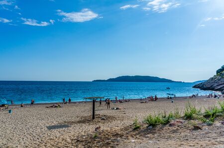 KAMENOVO, MONTENEGRO - JUNE 04: View on sea and sand beach on June 04, 2014 in Kamenovo, Montenegroの写真素材