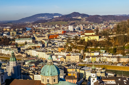 Top view on Salzburg city from Hohensalzburg fortress at winter, Salzburg Austriaの写真素材