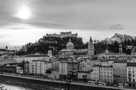 Top view on Salzburg city and Hohensalzburg fortress at winter, Salzburg Austria. Black-and-white photoのeditorial素材