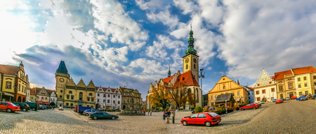TABOR CZECH REPUBLIC  OCTOBER 09: Old town central square panorama on October 09 2008 in Tabor Czech Republicのeditorial素材