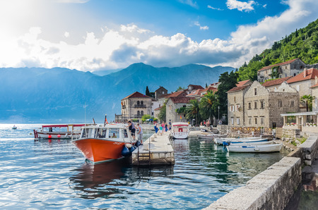 PERAST MONTENEGRO  JUNE 18: View on embankment and boats in old town on June 18 2014 in Perast Montenegroのeditorial素材