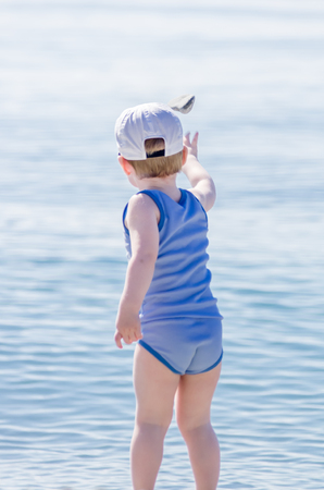 Little boy on the sea background in Alushta, Ukraineの写真素材
