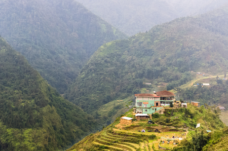 SAPA, VIETNAM - NOVEMBER 16: Amazing view on mountains, rice terrace and Haven Sapa hotel at November 16, 2016 in Sapa, Vietnamのeditorial素材