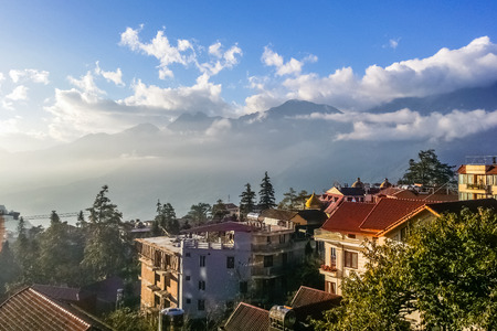 SAPA, VIETNAM - NOVEMBER 16: Top view on the village at sunrise at November 16, 2016 in Sapa, Vietnamのeditorial素材