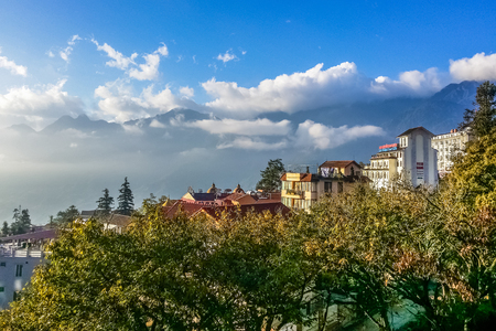 SAPA, VIETNAM - NOVEMBER 16: Top view on the village at sunrise at November 16, 2016 in Sapa, Vietnamのeditorial素材