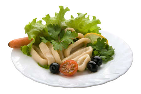 Salad with Calamari Rings. Isolated on White Backgroundの写真素材
