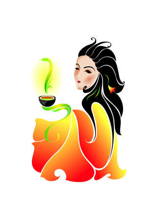 Woman drinking green tea.  illustration.の写真素材