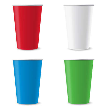 Four disposable empty colorful cups の写真素材