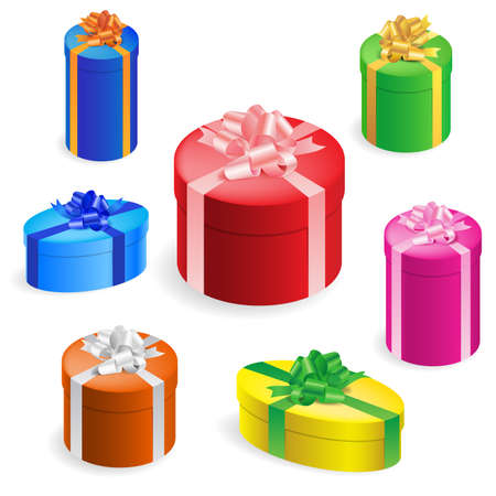 Vector illustration of 7 different round gift boxes with ribbonのイラスト素材