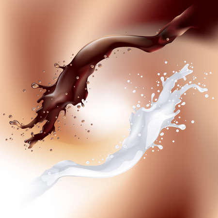 Chocolate and milk splash isolated on swirl background. Vector illustration.のイラスト素材