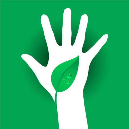 Hand and Leaf silhouette. Illustration on green background.のイラスト素材