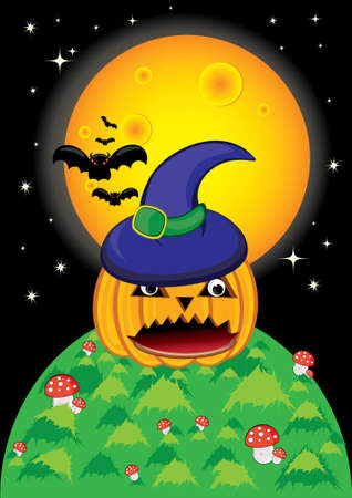 Pumpkin Halloween Card with bat, and moon.のイラスト素材