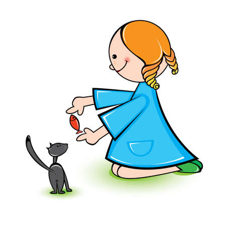 Illustration of girl with cat on a white background のイラスト素材