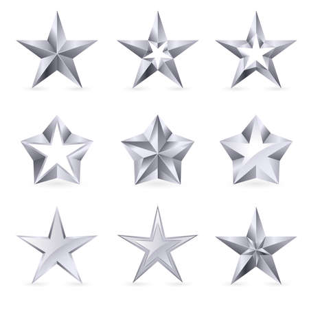 Different types and forms of silver stars. Illustration for design on white backgroundのイラスト素材