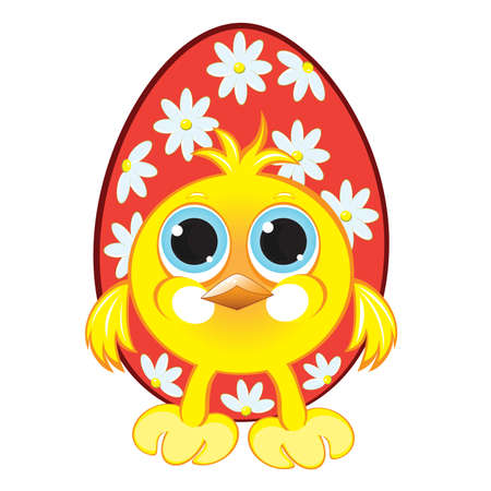 Small beautiful chicken with easter eggs. Illustration on white backgroundのイラスト素材