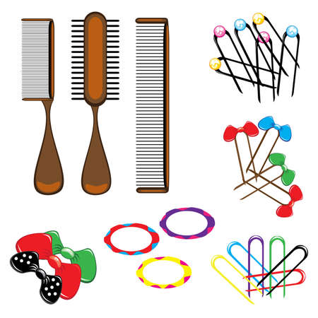 Three types of combs and a variety of beautiful hair accessories. Illustration on white background のイラスト素材