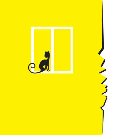 Crack in the wall with a window and a sitting cat.  Illustration on white backgroundのイラスト素材