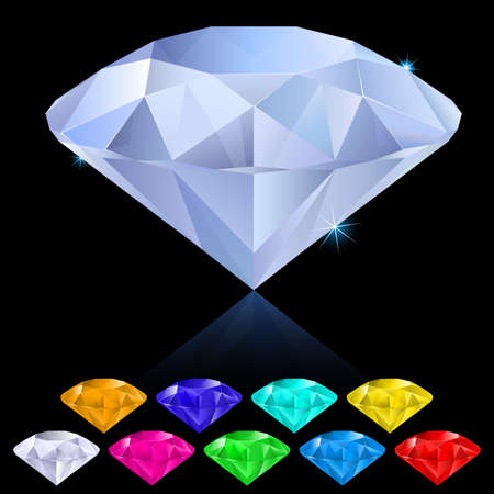 Realistic diamonds in different colors. Illustration for design on black background のイラスト素材