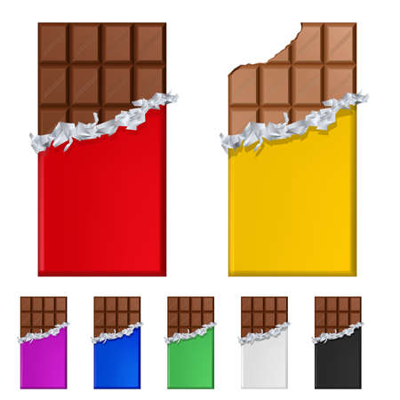 Set of chocolate bars in colorful wrappers. Illustration on white backgroundのイラスト素材