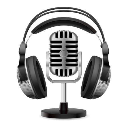 Realistic retro microphone and headphones. Illustration on white background for designのイラスト素材