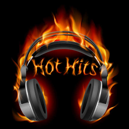 Headphones in fire. Illustration on black backgroundのイラスト素材