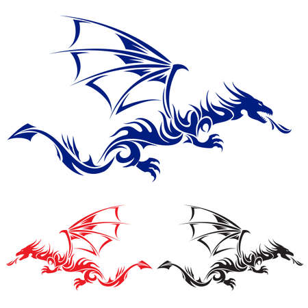Flying Dragon. Blue, red and black Asian tattoo. Illustration on white background.のイラスト素材