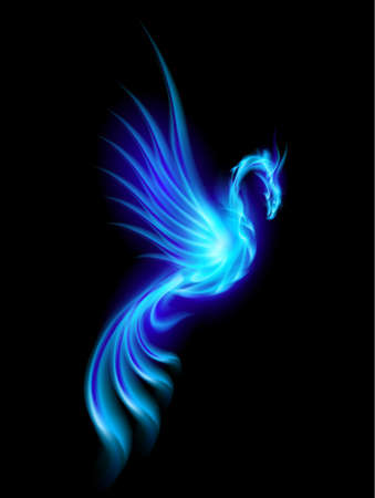 Burning blue phoenix isolated over black background の写真素材