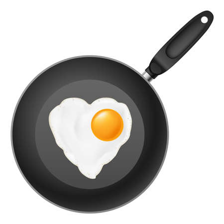 Frying pan with heart-shaped fried egg. Illustration on white backgroundのイラスト素材