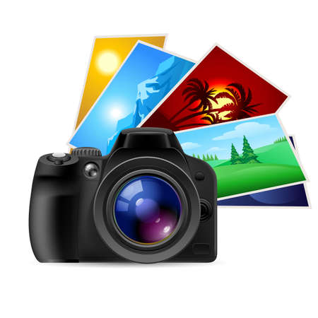 Camera and photos. Illustration on white backgroundのイラスト素材