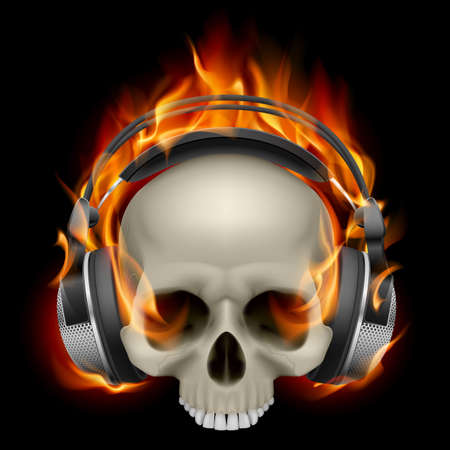 Flaming Skull Wearing Headphones on black backgroundのイラスト素材