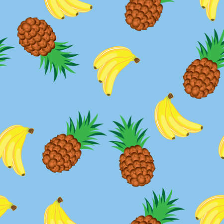 Seamless texture of bananas and pineapples. Illustration on blue background