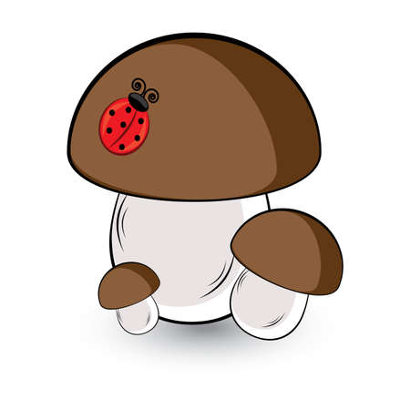 Three white mushroom and ladybug. Illustration on white backgroundのイラスト素材