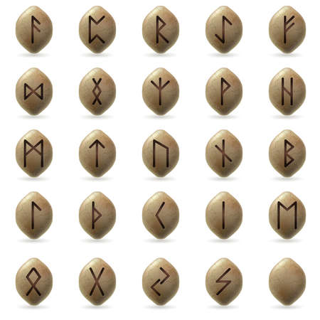 Runic Stones with Magical Spells. Big set on white backgroundのイラスト素材