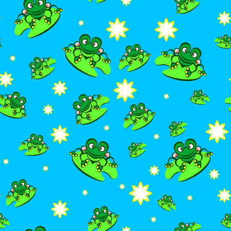 Seamless texture of cartoon frog. Illustration of designer on blue backgroundのイラスト素材
